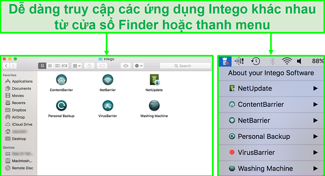 Ảnh chụp màn hình về cách truy cập các ứng dụng Intego khác nhau từ cửa sổ Finder hoặc thanh menu