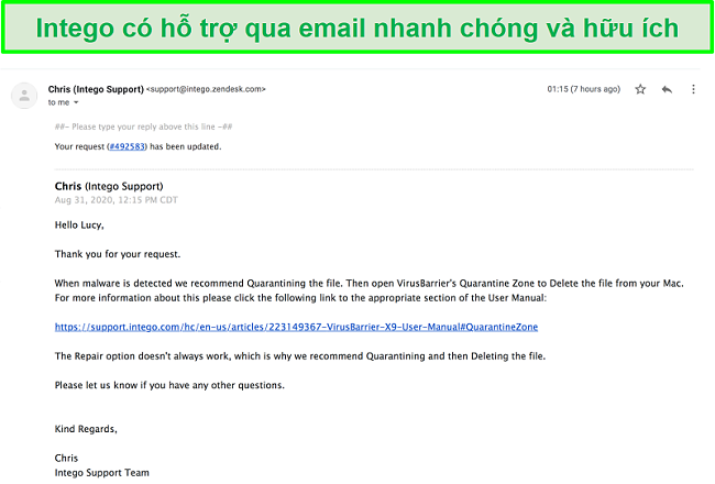 Ảnh chụp màn hình cuộc trò chuyện nhanh và hữu ích qua email với nhân viên hỗ trợ Intego.