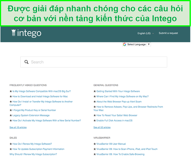 Ảnh chụp màn hình cơ sở kiến thức của Intego hiển thị các câu hỏi và câu trả lời phổ biến