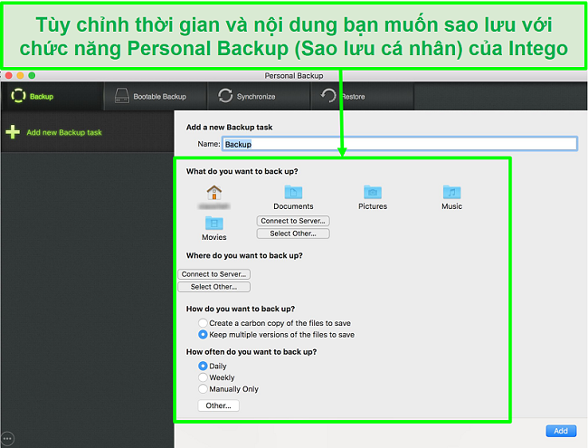 Ảnh chụp màn hình của giao diện sao lưu cá nhân Intego với các tùy chọn sao lưu dữ liệu có thể tùy chỉnh