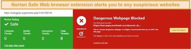 Screenshot of Norton Safe Web confirming that a site is safe or dangerous.