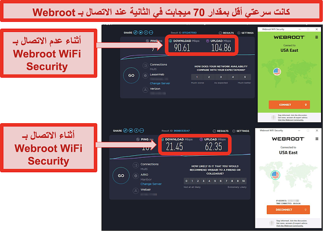 يعرض موقع Speedtest.net السرعات أثناء عدم الاتصال ، والسرعات أثناء الاتصال بخادم الساحل الشرقي للولايات المتحدة التابع لأمن Webroot WiFi Security