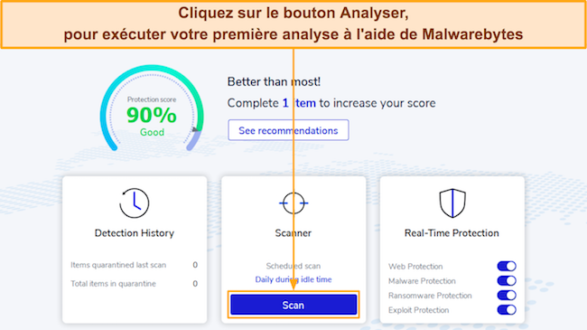 Capture d'écran montrant comment démarrer une analyse avec Malwarebytes