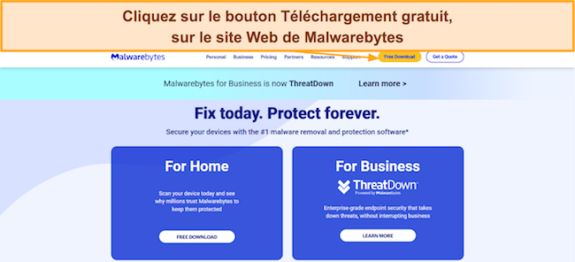 Capture d'écran montrant comment télécharger la configuration de Malwarebytes pour Windows