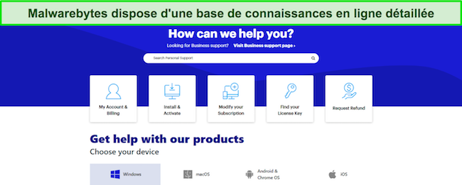 Capture d'écran de la base de connaissances en ligne de Malwarebytes