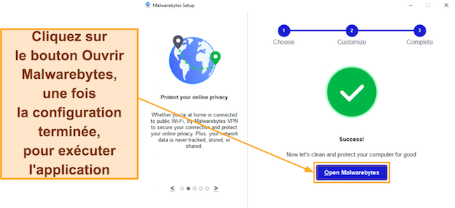 Capture d'écran montrant comment ouvrir Malwarebytes une fois installé