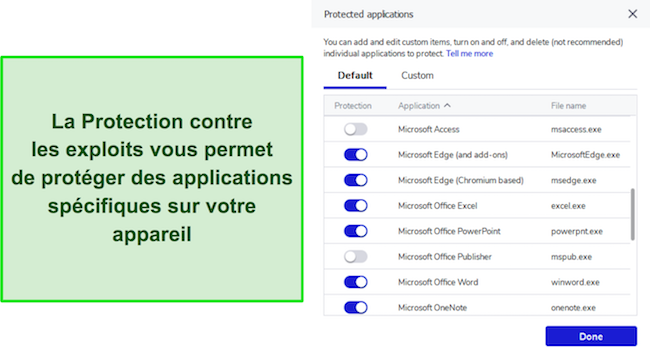 Capture d'écran de la liste des applications protégées de Malwarebytes