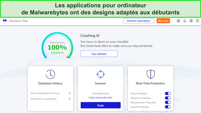 Capture d'écran montrant l'interface de l'application de bureau de Malwarebytes