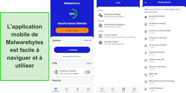 Capture d'écran montrant l'interface de l'application mobile de Malwarebytes