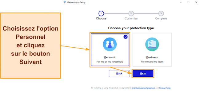 Capture d'écran montrant comment installer Malwarebytes pour un usage personnel