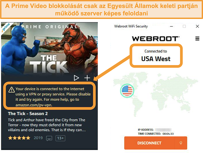 Pillanatkép az Amazon Prime Video proxy hibájáról, amikor csatlakozik a Webroot WiFi Security USA West szerveréhez