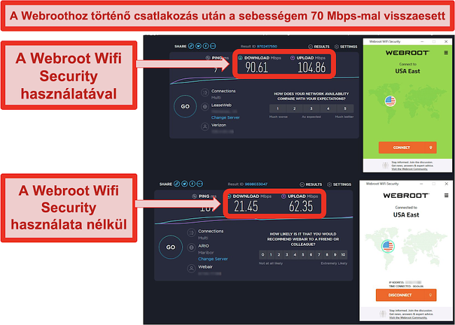 A Speedtest.net megmutatja a sebességet, ha nincs csatlakoztatva, és a sebességet, amikor csatlakozik a Webroot WiFi Security amerikai keleti parti szerveréhez