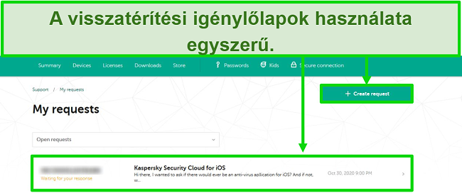 Pillanatkép a Kaspersky támogatási kéréseiről a Kaspersky webhelyen.