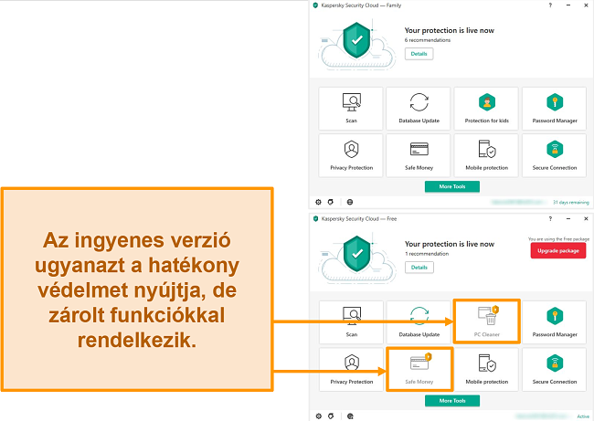 Pillanatkép a Kaspersky Security Cloud Free desktopról, amely zárolt funkciókat mutat prémium verzióval szemben.