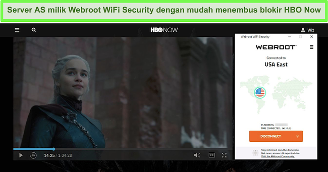 Tangkapan layar HBO Sekarang memainkan Game of Thrones saat terhubung ke server di AS