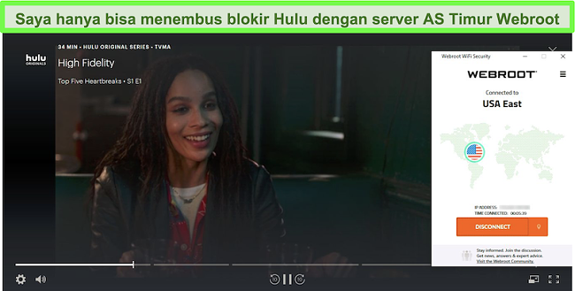 Streaming Hulu High Fidelity saat terhubung ke server Webroot USA East