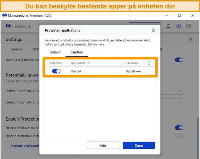 Skjermbilde av Malwarebytes 'liste over beskyttede apper for beskyttelse av utnyttelse.