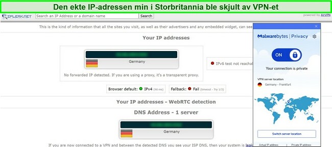 Skjermbilde av IP- og DNS-lekkasjetest for Malwarebytes Privacy VPN