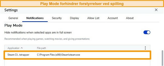 Skjermbilde av Malwarebytes antivirusprogram med Play Mode aktivert for å stoppe varsler når du spiller på apper som Steam