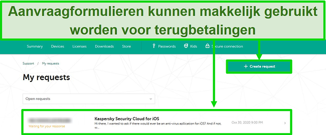 Screenshot van Kaspersky-ondersteuningsverzoeken op de Kaspersky-website.