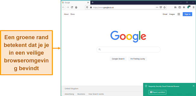 Screenshot van Kaspersky Security Cloud Protected Browser met een veilige melding.