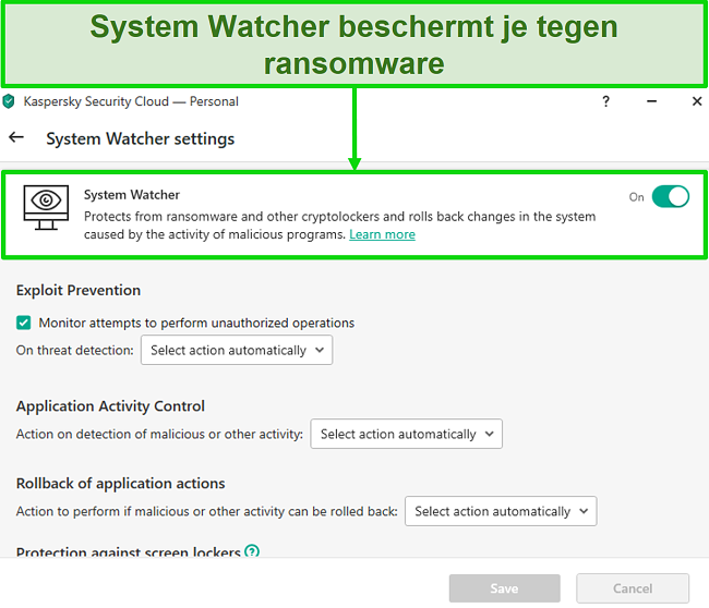 Screenshot of Kaspersky System Watcher settings screen that allows for customization of ransomware protection.