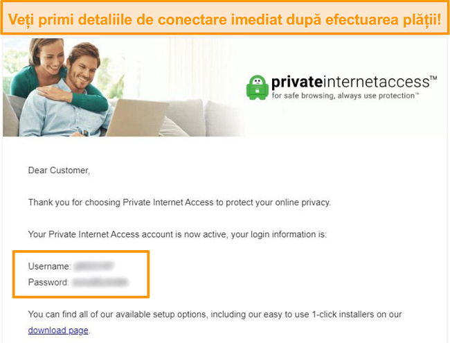 Screenshot de e-mail de confirmare a înregistrării PIA, cu detalii de autentificare incluse