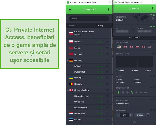 Captura de ecran care arată lista de server PIA în timp ce este conectat la serverul SUA Est