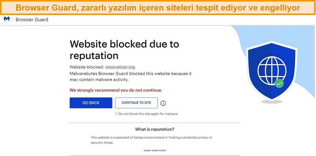 Kötü amaçlı yazılım barındıran bir web sitesine erişimi engelleyen Tarayıcı Korumasının ekran görüntüsü.