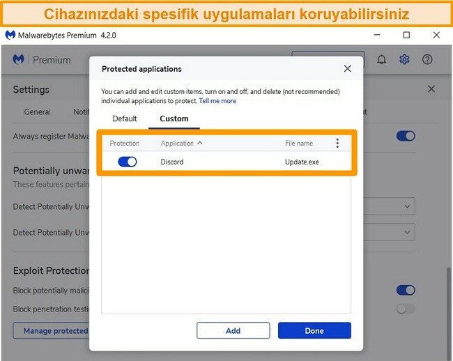 Malwarebytes 'Exploit Protection korumalı uygulamalar listesinin ekran görüntüsü.