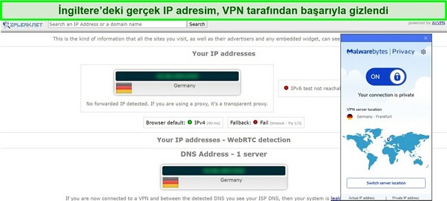 Malwarebytes Privacy VPN için IP ve DNS sızıntı testinin ekran görüntüsü