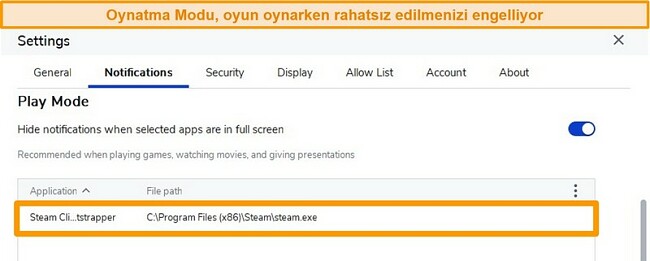 Steam gibi uygulamalarda oyun oynarken bildirimleri durdurmak için Play Mode etkinleştirilmiş Malwarebytes antivirüs programının ekran görüntüsü