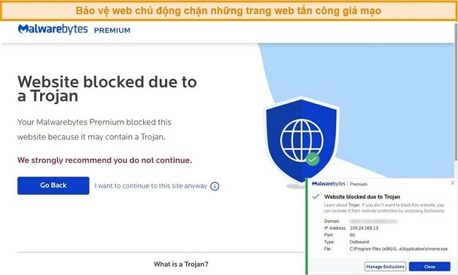 Ảnh chụp màn hình Bảo vệ web của Malwarebytes chủ động chặn một trang web lưu trữ phần mềm độc hại