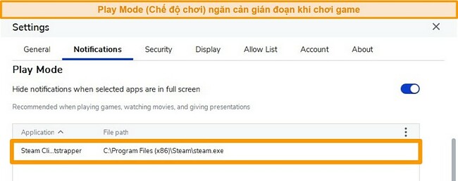 Ảnh chụp màn hình chương trình chống vi-rút Malwarebytes với Chế độ chơi được kích hoạt để dừng thông báo khi chơi game trên các ứng dụng như Steam