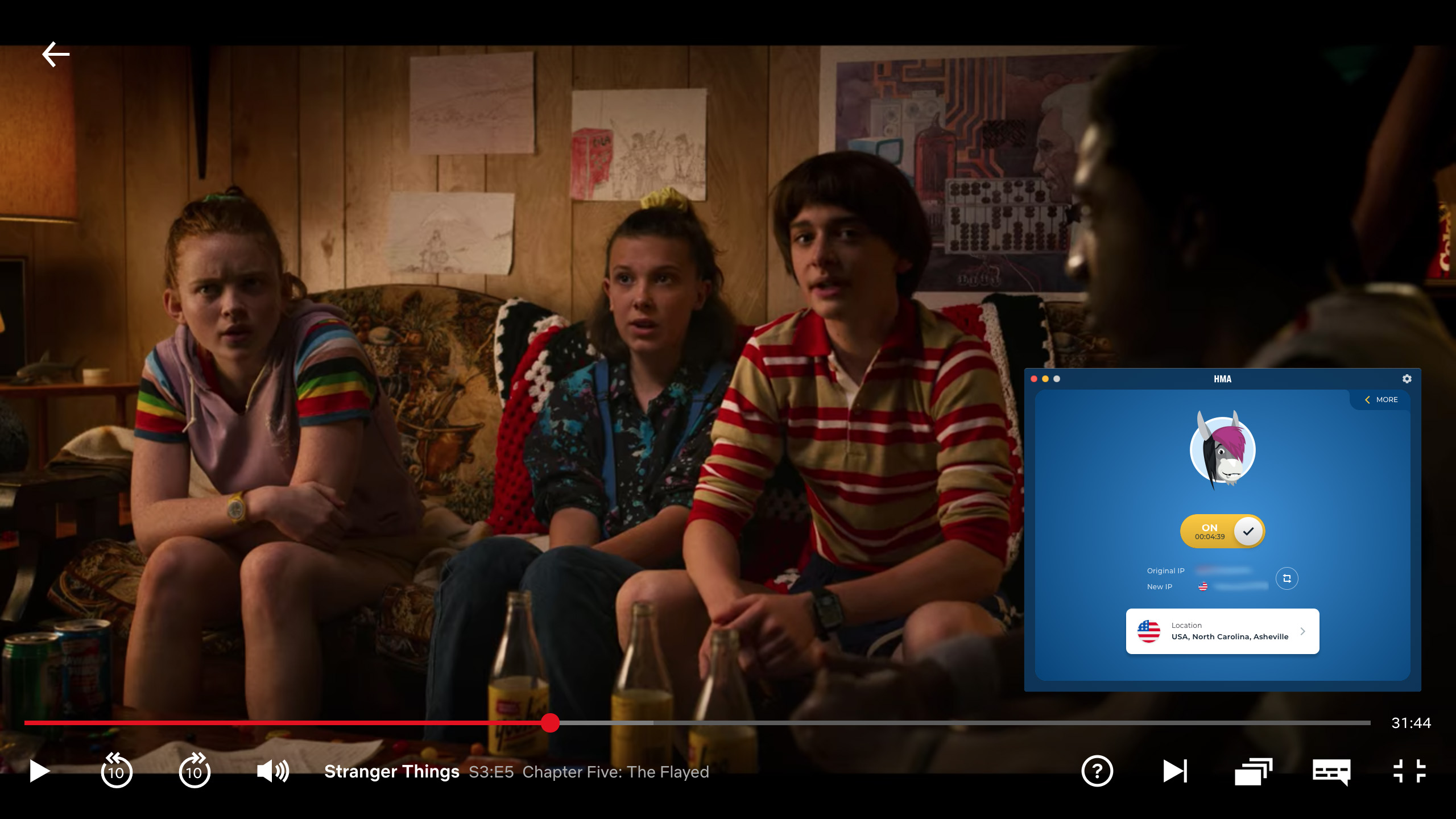 Screenshot of HMA streaming Stranger Things on Netflix