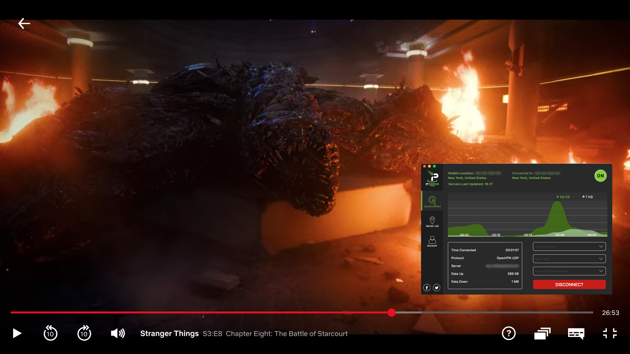 Screenshot of IPVanish streaming Stranger Things on Netflix