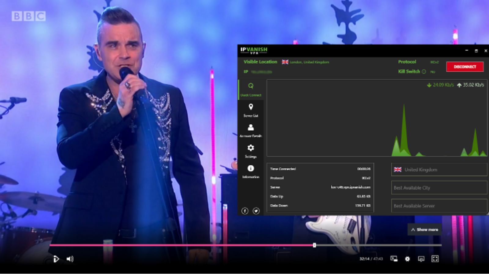 Screenshot of IPVanish streaming The Graham Norton Show on BBC iPlayer