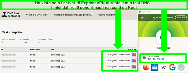 Screenshot di ExpressVPN che supera un test di tenuta DNS mentre è connesso a un server a Los Angeles.