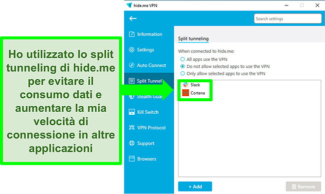 Screenshot della schermata delle impostazioni di Hide.me che mostra la scheda Split Tunnel.