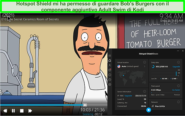 Schermata di Bob's Burgers che gioca su Kodi mentre Hotspot Shield è connesso a un server negli Stati Uniti.