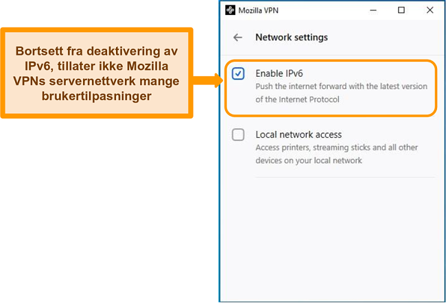 Skjermbilde av Mozilla VPNs nettverksinnstillingsskjerm