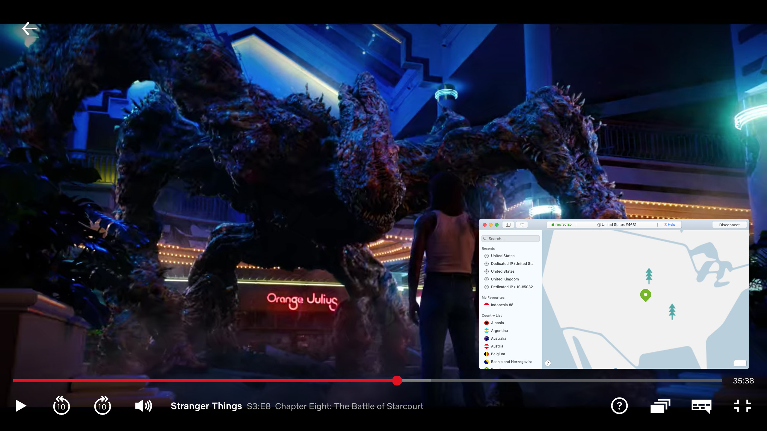 Screenshot of NordVPN streaming Stranger Things on Netflix