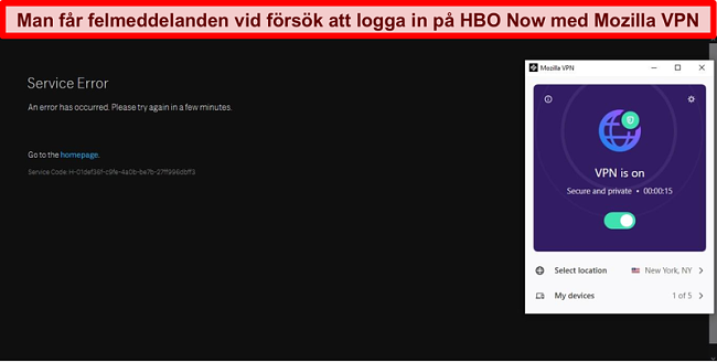 Skärmdump av ett fel på HBO NU när du är ansluten till Mozilla VPNs New York, NY-server