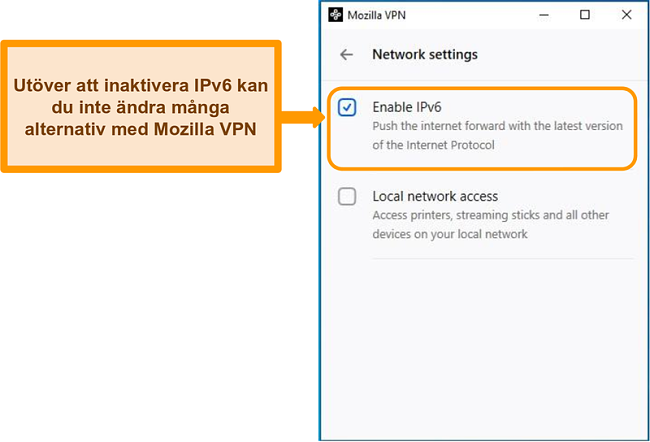 Skärmdump av Mozilla VPNs nätverksinställningsskärm