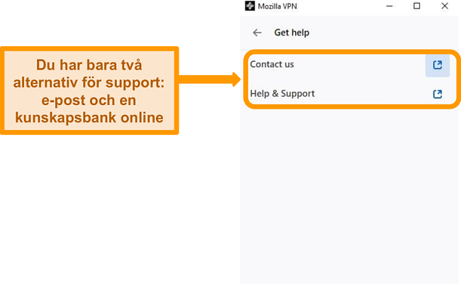 Skärmdump av Mozilla VPNs Få hjälpavsnitt i inställningsmenyn