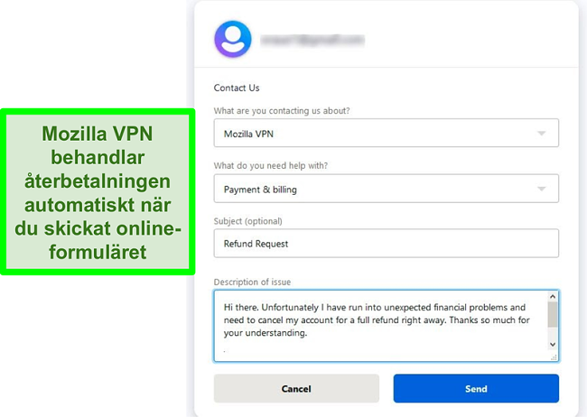 Skärmdump av Mozilla VPNs kontaktformulär som begär en avbokning och återbetalning