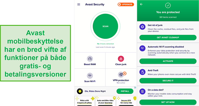 Skærmbillede af Avasts mobile app-funktioner.