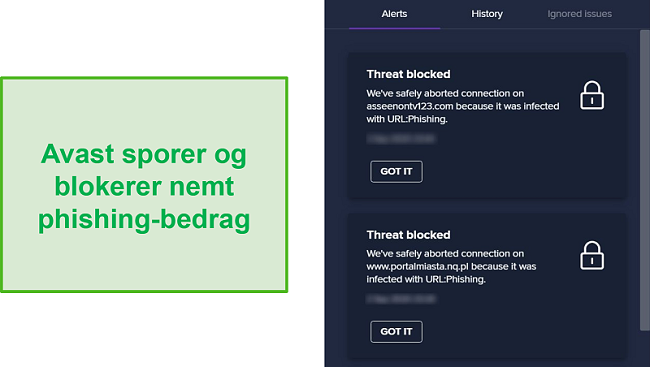Skærmbillede af Avast-advarsel om phishing-domæner og blokering af adgang til dem.