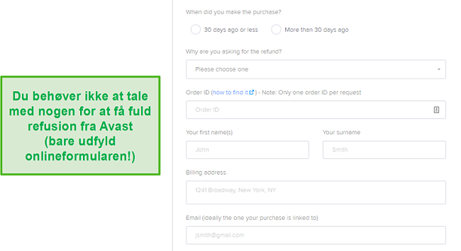 Skærmbillede af Avasts form for indsendelse af refusion.