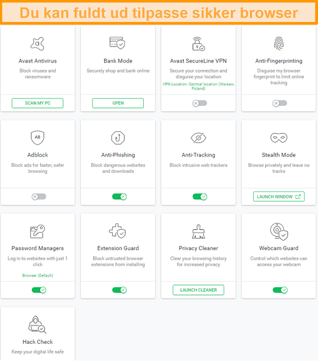 Skærmbillede af Avasts muligheder for sikker browser.